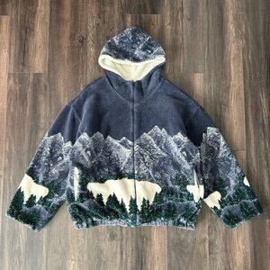 Vintage Country Woods Thick Fleece Hoodie Sweater Mountain Scene Zip Up Size XL
